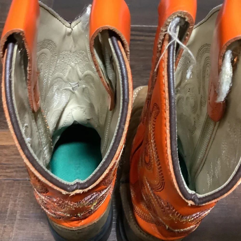 Cody James Kids Cowboy Boots Orange Brown Leather Square Toe BSC1867 Size 11D